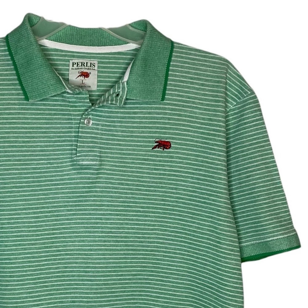 Perlis Mens Large Green White Striped Crawfish Logo Cotton Short Sleeve Polo